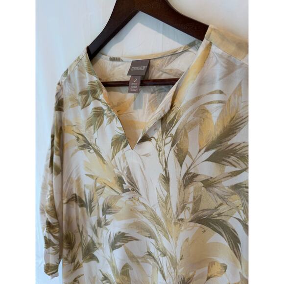 Chico’s Women’s 2 V-Neck Blouse Palm Leaf Print 3/4 Sleeve Resort Lightweight - Picture 1 of 9